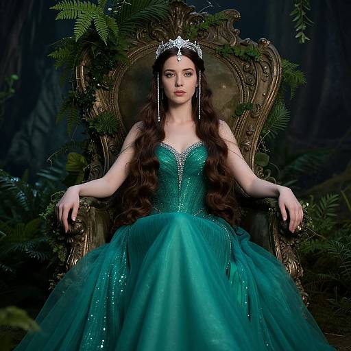 Regal Woman on Throne in Emerald Gown