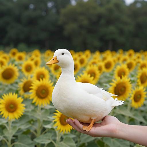 Photograph of a white duck with an orange beak and feet, held by a hand, standing in a vibrant sunflower field.