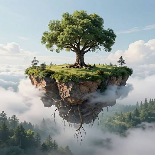 Digital artwork of a floating, lush island with a large, green tree, surrounded by clouds and forest below. Tree roots extend downward. Bright blue sky