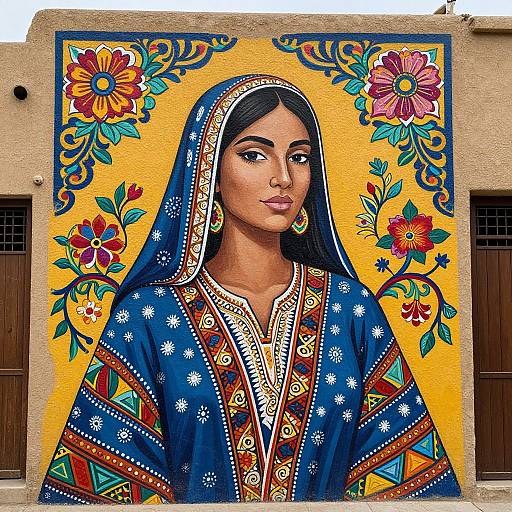 Vibrant mural of a dark-haired woman in a blue, patterned traditional dress with floral designs, set against a yellow background.
