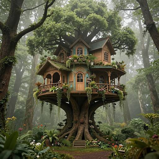 Whimsical, fairy-tale wooden treehouse with moss-covered roof, nestled in a misty, lush forest, surrounded by vibrant flowers and dense