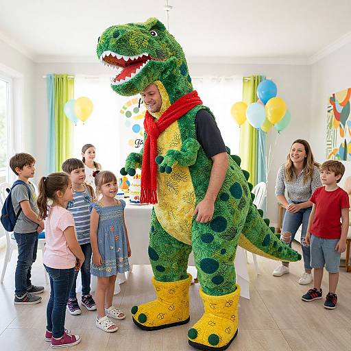 Photograph of a man in a green, yellow, and red dinosaur costume, interacting with six children and a woman in a bright room with colorful balloons
