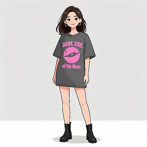 Digital anime-style drawing of a young woman with black hair, wearing a dark grey T-shirt with a pink mushroom graphic, 
