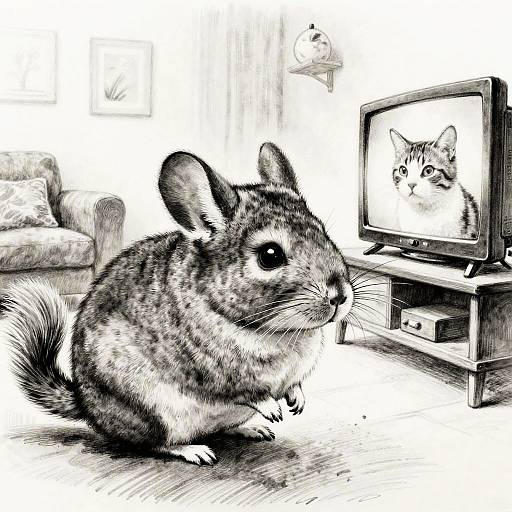Inked Drawing of Chinchilla Watching Cat on TV