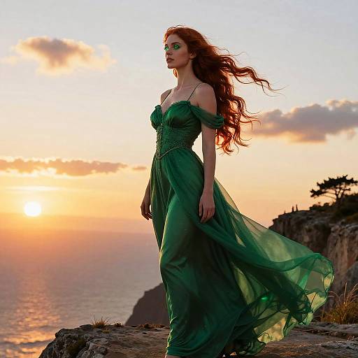 Emerald Gown Woman on Cliff