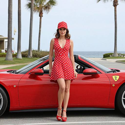 Photograph of a woman in a red polka dot dress and hat, red heels, sitting on a bright red Ferrari, palm trees and ocean in