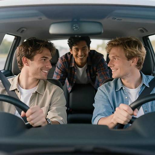 Three Men Enjoying Drive in Car