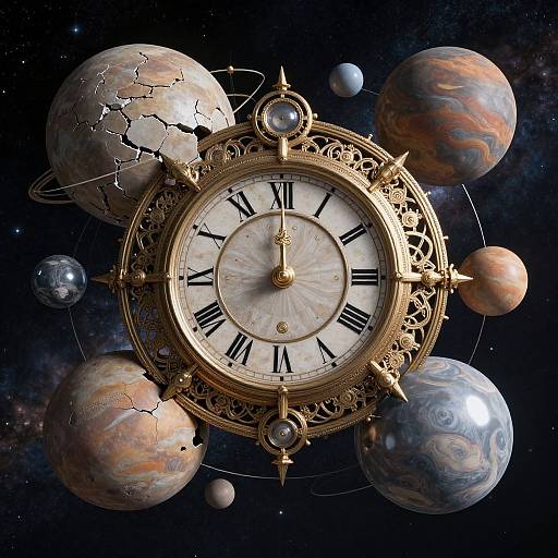 Digital art: Ornate, gold clock with Roman numerals surrounded by six colorful, detailed planets in outer space, featuring rings and cracks.