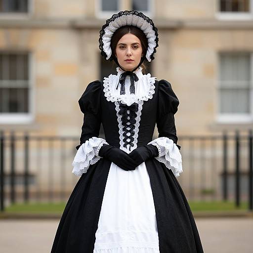 Photograph of a pale-skinned woman with dark hair in a black and white Victorian-style maid dress, standing in front of a blurred, beige building
