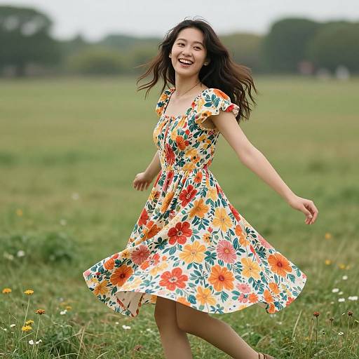 Smiling Asian woman with long black hair, wearing a colorful floral dress, dancing in a green meadow with wildflowers. Photographic image.