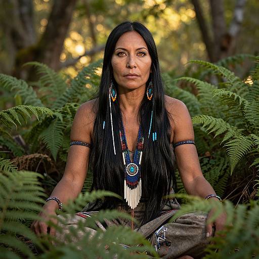 Photograph of a tan-skinned, middle-aged woman with long black hair, wearing tribal jewelry and attire, seated in a lush, fern-filled forest