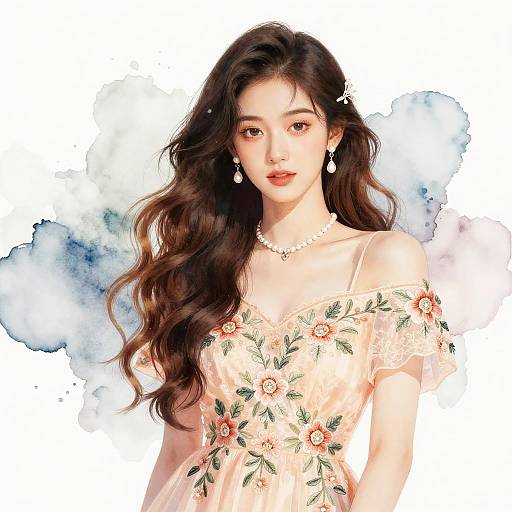 Digital watercolor portrait of an East Asian woman with long wavy brown hair, wearing a floral off-shoulder dress, pearl necklace, and earrings