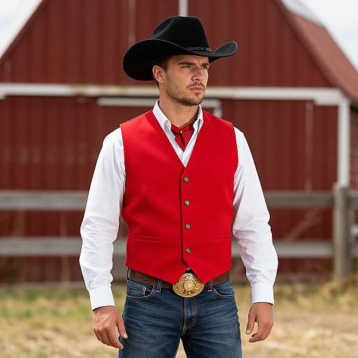 Photograph of a handsome, light-skinned man in a black cowboy hat, white shirt, red vest, blue jeans, and gold belt buckle,
