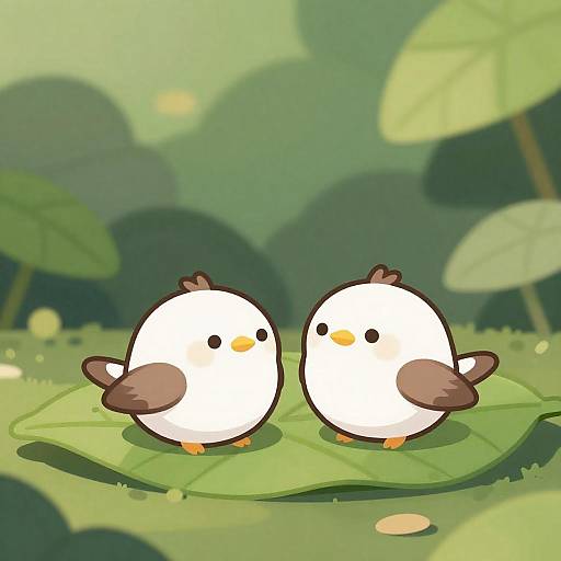 Sunlit Cartoon Birds Resting on Leaf