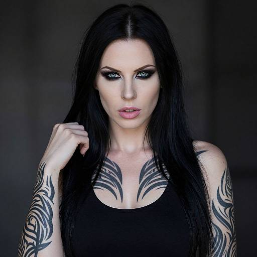 Photograph of a pale-skinned woman with long black hair, blue eye makeup, black tribal tattoos on chest and arms, wearing a black tank top