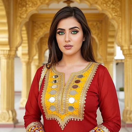 Photograph of a beautiful South Asian woman with green eyes, wearing a vibrant red traditional kurti with gold embroidery, standing in an ornate,