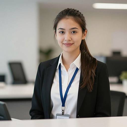 Photograph of a young Asian woman with long black hair in a ponytail, wearing a black blazer, white shirt, and lanyard,