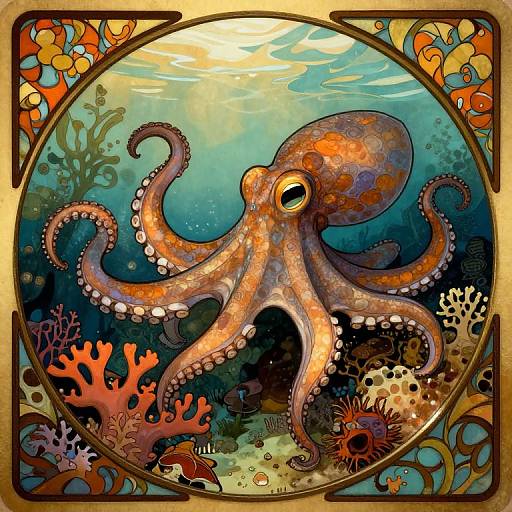 Art Nouveau Octopus Underwater Scene