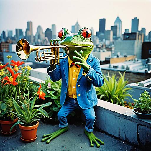 Whimsical Frog Playing Trumpet on City Rooftop