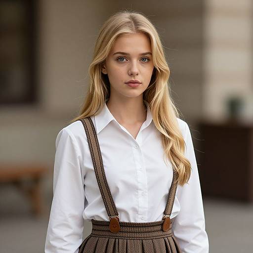 Photograph of a blonde woman with wavy hair, wearing a white button-down shirt and brown pinstripe suspenders, standing outdoors.