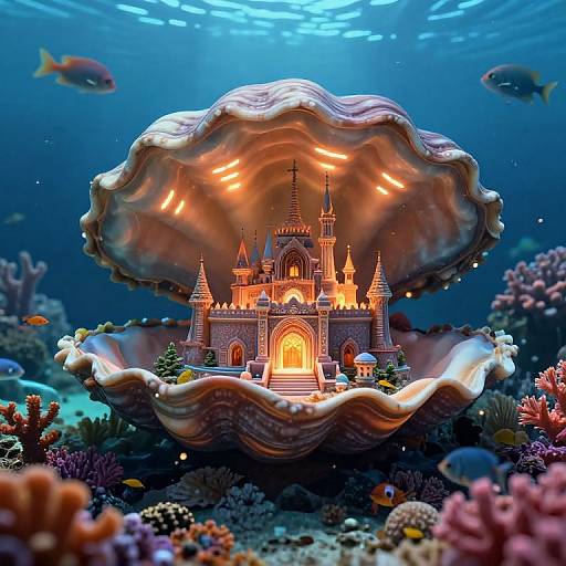 Photograph of a glowing castle inside a large, wavy seashell, surrounded by colorful coral reefs and fish, underwater with sunlight filtering through.
