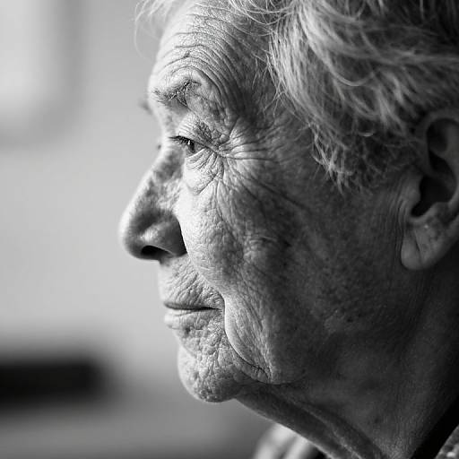 Black-and-white close-up photograph of an elderly person's profile, highlighting deep wrinkles, textured skin, and gentle expression, with soft lighting.