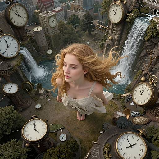 Digital art: Blonde woman in a flowing white dress, floating among giant clock towers, surrounded by waterfalls in a surreal cityscape.