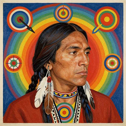 Photograph-style digital portrait of a Native American man with long black hair, braids, white feathers, colorful choker, red shirt, against a