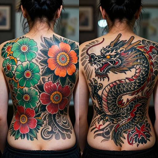 Photograph of a person's back showcasing vibrant floral tattoo on left and detailed dragon tattoo on right, contrasted by dark hair.