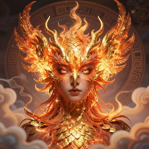 Digital artwork of a fiery, ethereal woman with glowing orange flames for hair and golden, scale-like armor, set against a mystical, cloudy background.