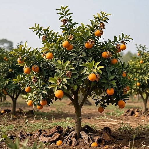 Photograph of a vibrant orange tree with numerous ripe, orange fruits, surrounded by green leaves, set in a sunlit, grassy orchard.
