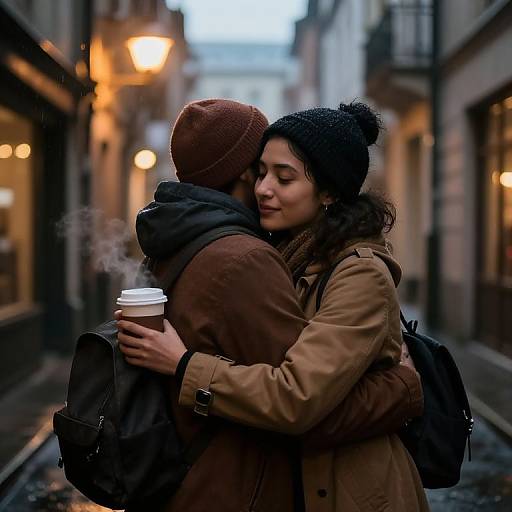 Cross-Cultural Embrace in Rainy Alley