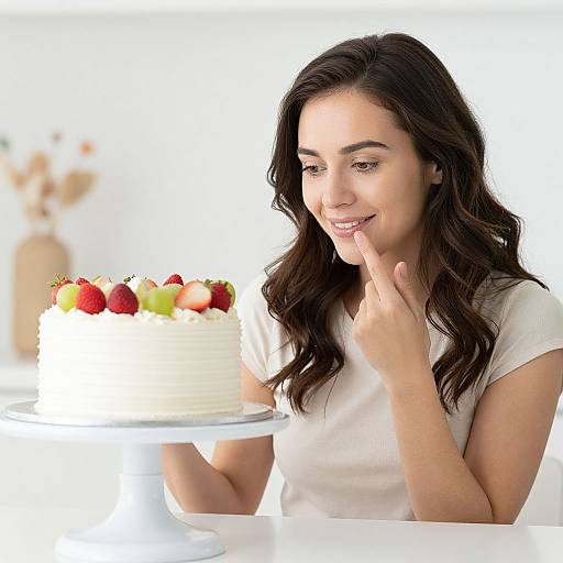 Photograph of a smiling brunette woman with wavy hair, wearing a white shirt, holding a frosted cake topped with strawberries and green apples, in