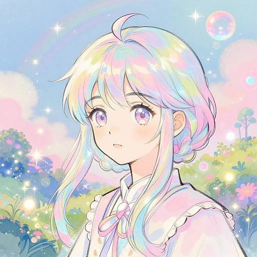 Anime-style digital drawing of a girl with pastel rainbow hair, large purple eyes, wearing a white frilled blouse, against a vibrant, sparkly