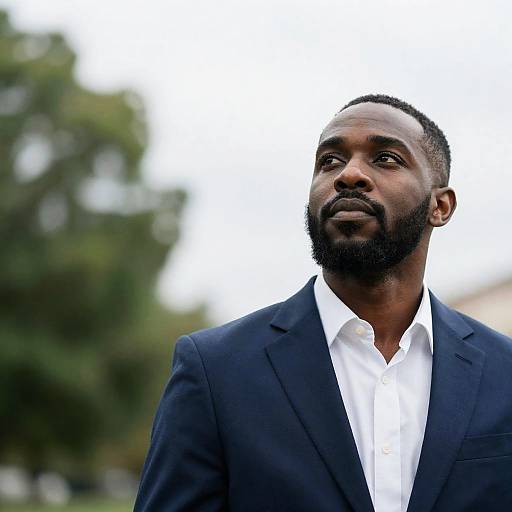 Contemplative Man in Navy Suit Portrait