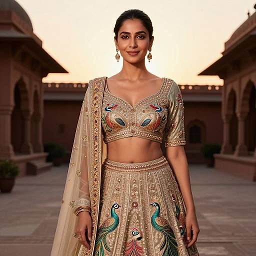 Photograph of a smiling South Asian woman in an ornate gold and green traditional lehenga-choli with peacock embroidery, standing in a sunlit
