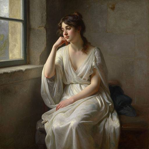 Realistic digital painting of a pensive young woman with fair skin and brown hair, wearing a flowing white gown, sitting by a sunlit window in