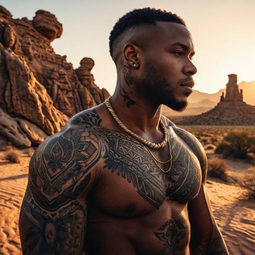 Tattooed Man in Desert at Sunset