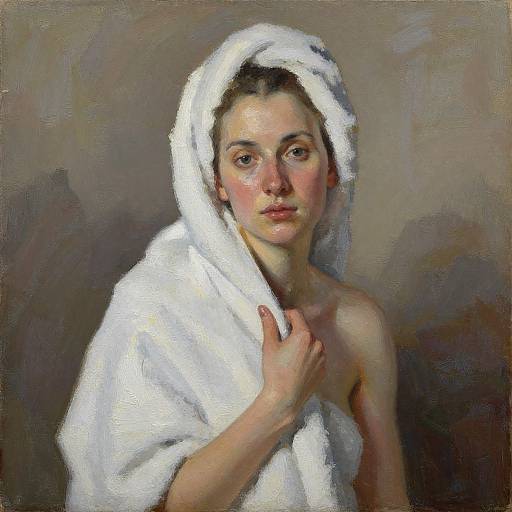 Oil painting of a fair-skinned woman with a white towel wrapped around her head, covering her shoulders, looking directly at the viewer.