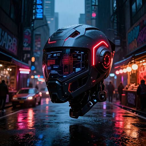 Cyberpunk-style CGI image of a glowing red and blue futuristic helmet hovering over a rain-soaked neon-lit city street.