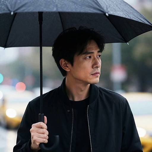 Profile of Man with Umbrella in City