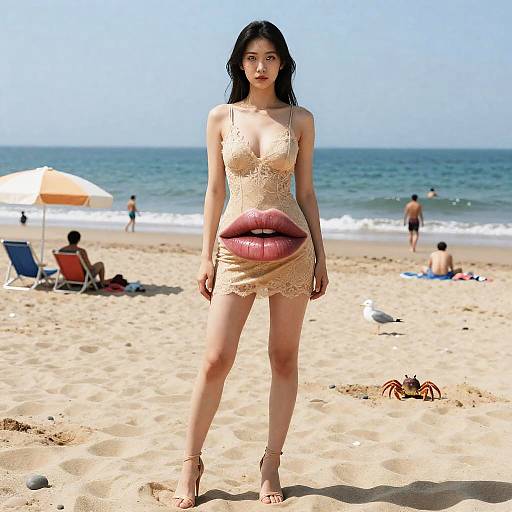 Woman in Gold Dress with Giant Lips Graphic on Beach