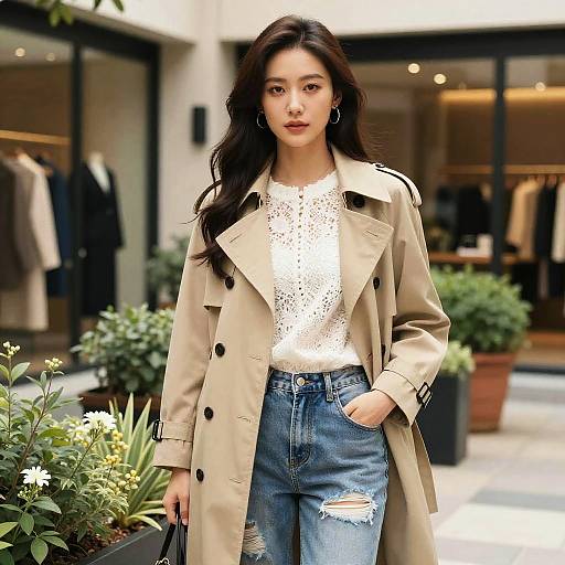 Photograph of an Asian woman with long black hair, wearing a beige trench coat, white lace top, and ripped blue jeans, standing in front of