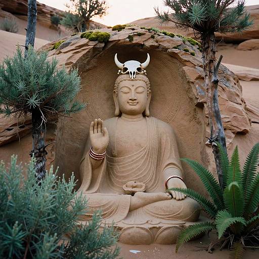 Photograph of a serene stone Buddha statue with a skull and horns on its head, surrounded by rocks and greenery.