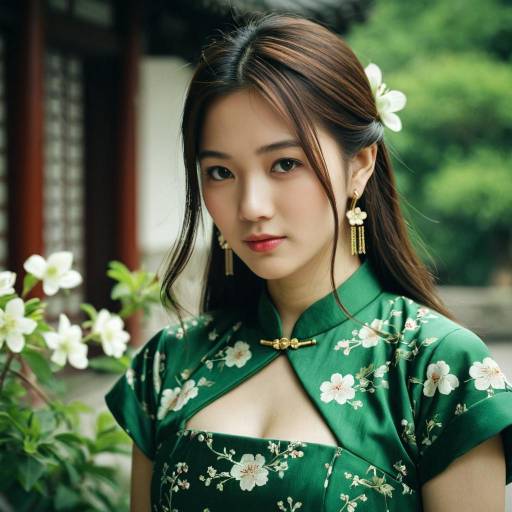Elegant Girl in Green Chinese Dress