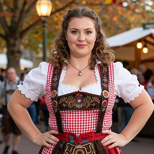 Photograph of a smiling Caucasian woman with curly brown hair, wearing a traditional German dirndl with red checkered apron and white blouse, standing outdoors
