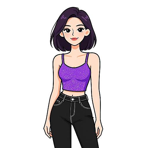 Digital anime-style drawing of a smiling woman with short black hair, purple sparkly crop top, and black high-waisted pants.