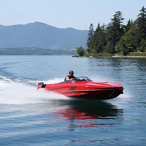 Photograph of a man in a red speedboat cutting through clear blue lake water with mountains and dense trees in the background.