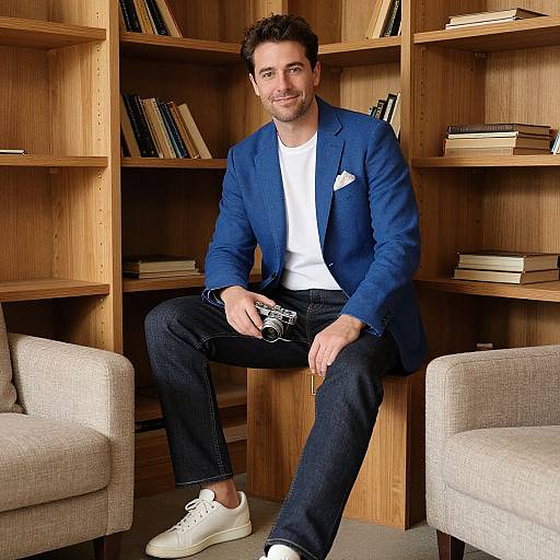 Photograph of a smiling man with curly brown hair, blue blazer, white t-shirt, black jeans, white sneakers, sitting between beige armch