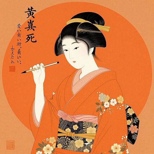 Traditional Japanese Woman in Orange Kimono